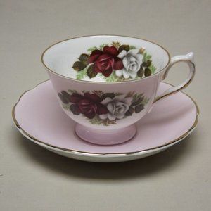 English Fine Bone China Red and White Roses Footed Tea Cup and Saucer
